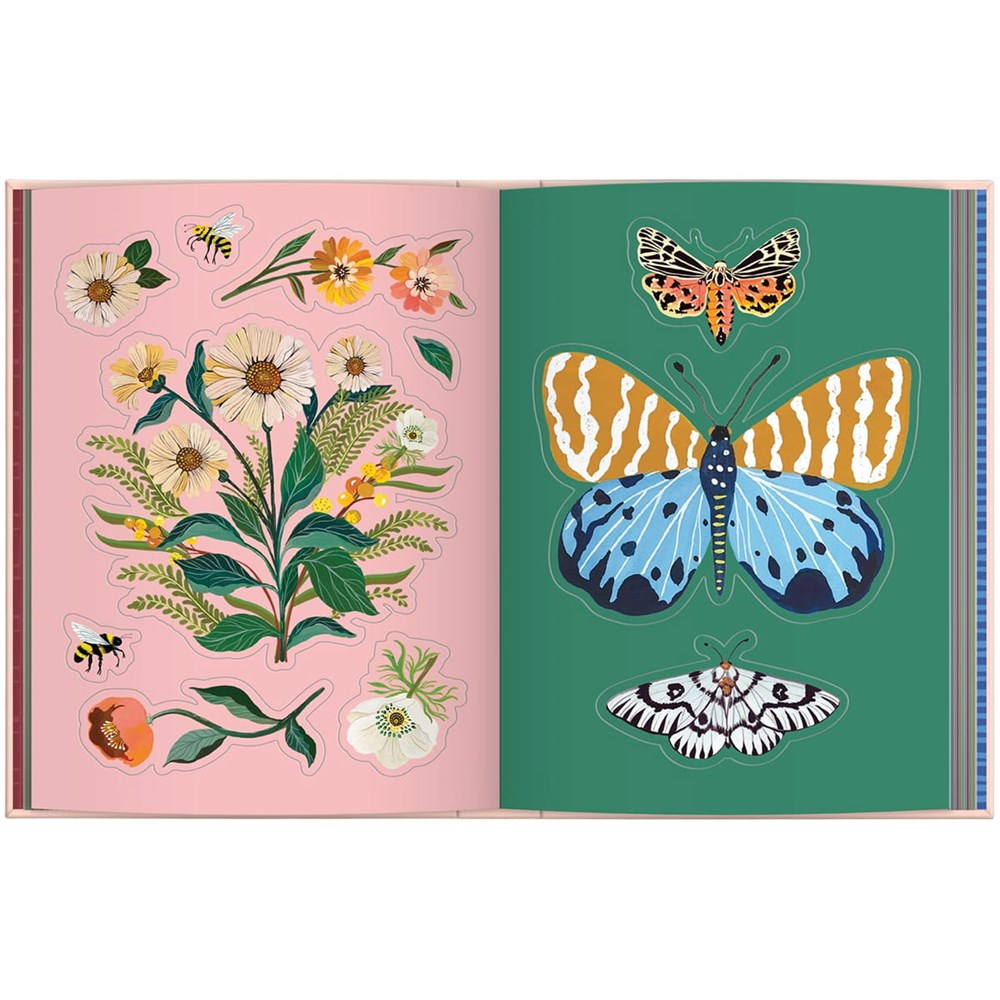 Chronicle Books Art of the Forest Sticker Book (1 pc) sample pages showing botanical and insect artwork: flowers and bees on a pink page and butterflies and moths on a green page.