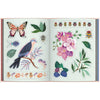 Chronicle Books Art of the Forest Sticker Book (1 pc) sample pages of a butterfly, bird, flowers, and leaves on a light green background.