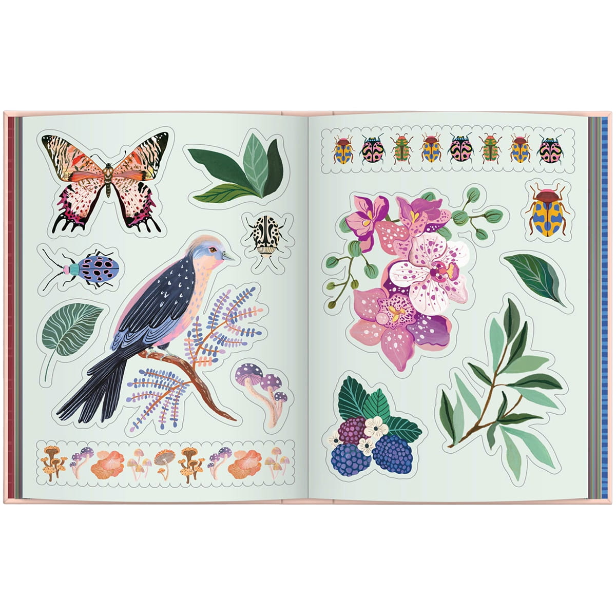 Chronicle Books Art of the Forest Sticker Book (1 pc) sample pages of a butterfly, bird, flowers, and leaves on a light green background.