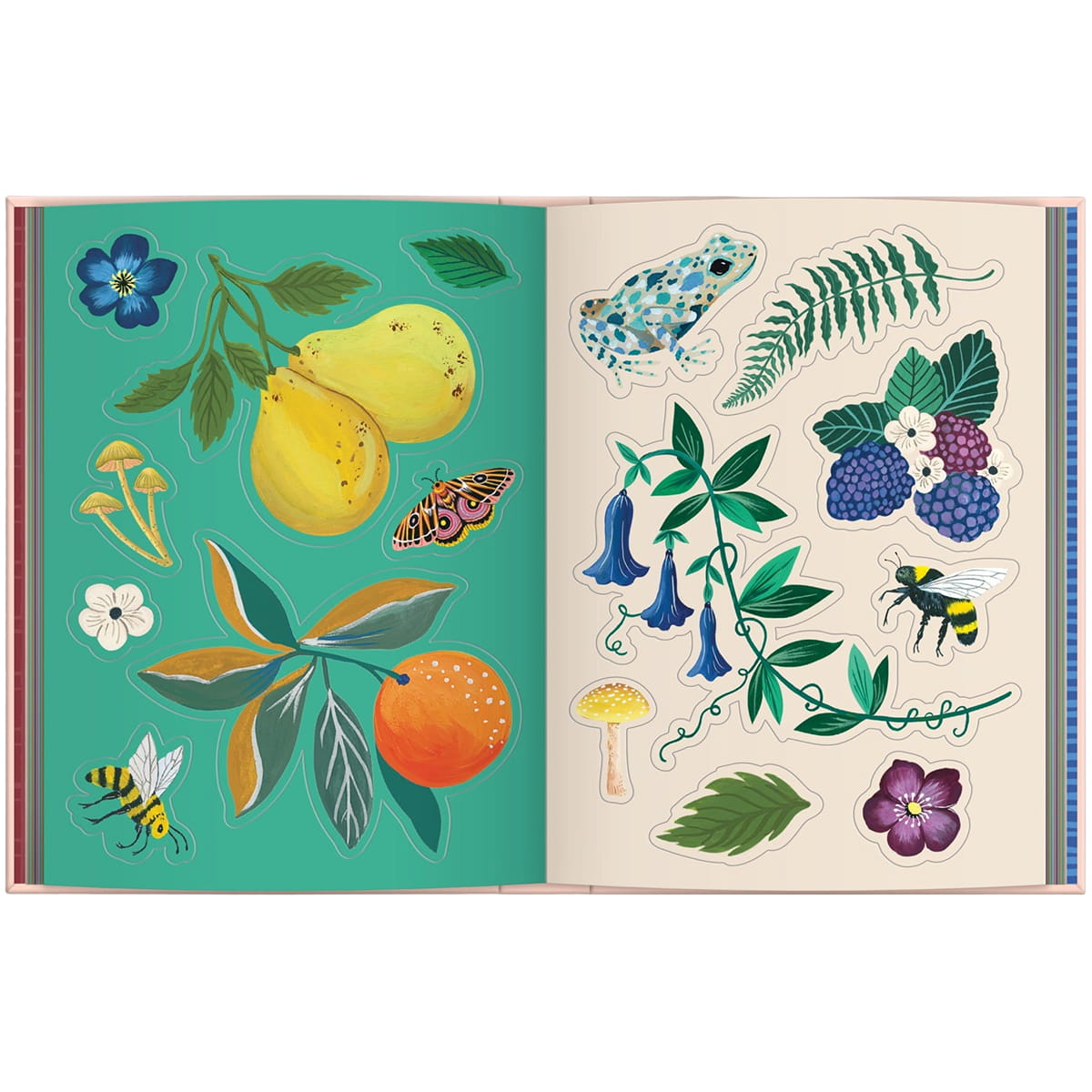 Chronicle Books Art of the Forest Sticker Book (1 pc) sample pages showing botanical and insect illustrations: lemons, berries, flowers, leaves, a frog, a bee, and mushrooms on teal and cream pages.