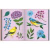 Chronicle Books Art of the Forest Sticker Book (1 pc) sample pages featuring illustrated birds and flowers on a light pink grid background. The designs include a yellow bird with black and white wings, a blue and yellow bird perched on a branch, blue flowers, purple blossoms, green leaves, and pink berry clusters.