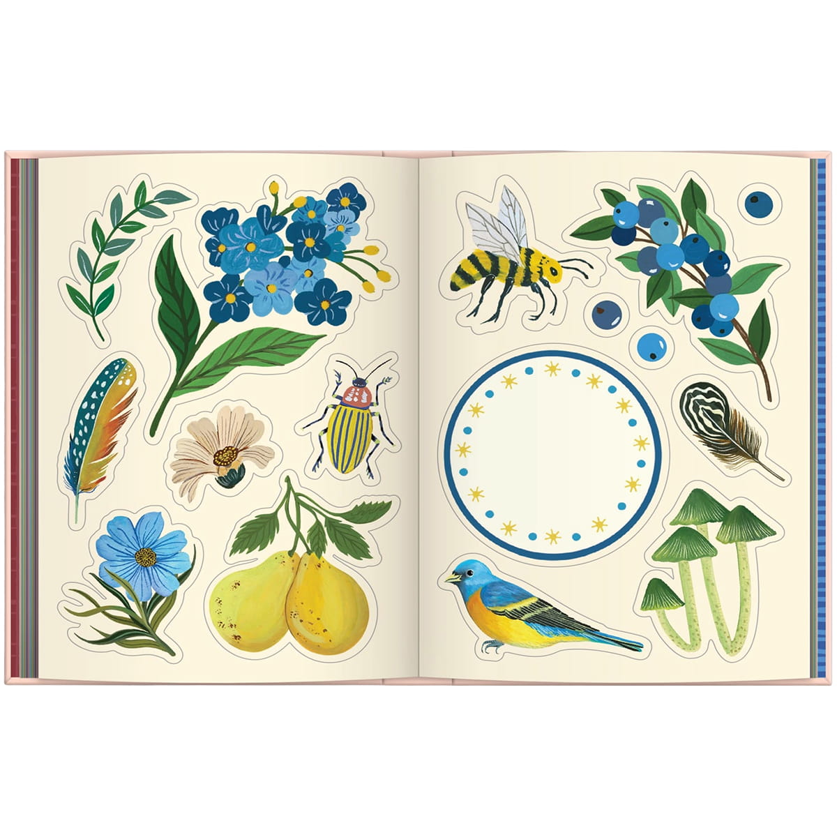 Chronicle Books Art of the Forest Sticker Book (1 pc) sample pages showing illustrated nature-themed stickers including blue flowers, a bee, berries, a feather, a flower beetle, lemons, mushrooms, a feather, and a blue-and-yellow bird.