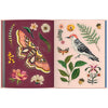 Chronicle Books Art of the Forest Sticker Book (1 pc) sample pages showing botanical and animal illustrations: a large moth on the left page and a bird with leaves and flowers on the right page, set against a plain white background.