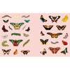 Chronicle Books Extraordinary Things Sticker Book (1 pc) sample pages featuring butterfly and moth illustrations arranged on a pale pink background, with several green caterpillars interspersed. The artwork shows many different species in varied colors including black, orange, yellow, red, blue, green, and white.