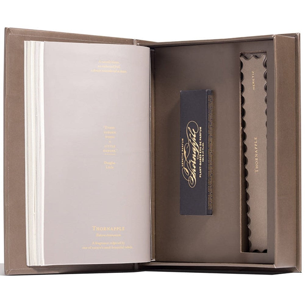 Heretic Parfum Thornapple Perfume (5 ml)  outer box shown open with smaller perfume in box inside