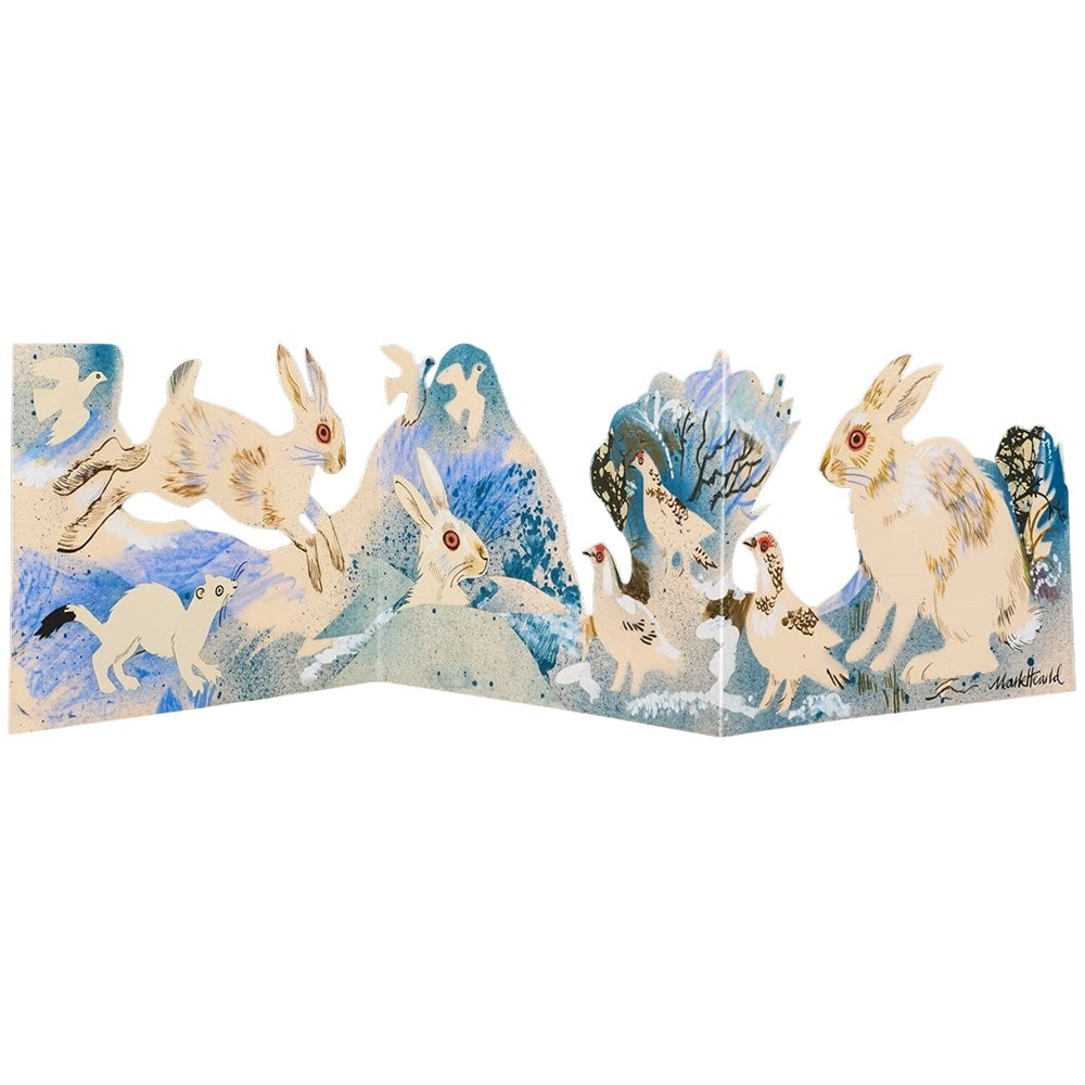 Art Angels front of die cut card showing bunnies and  other wildlife in winter scene