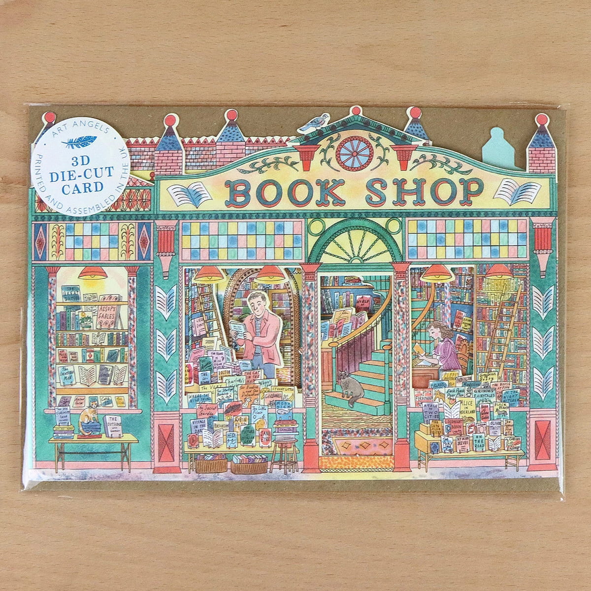 Art Angels Book Shop Die Cut Card In Biodegradable Cello Sleeve.