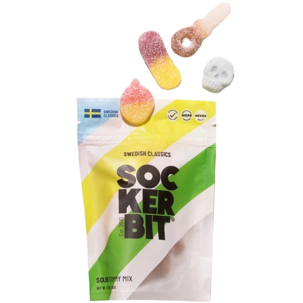 Sockerbit Sour Gummy Mix (5.5 oz) showing a few pieces of gummies