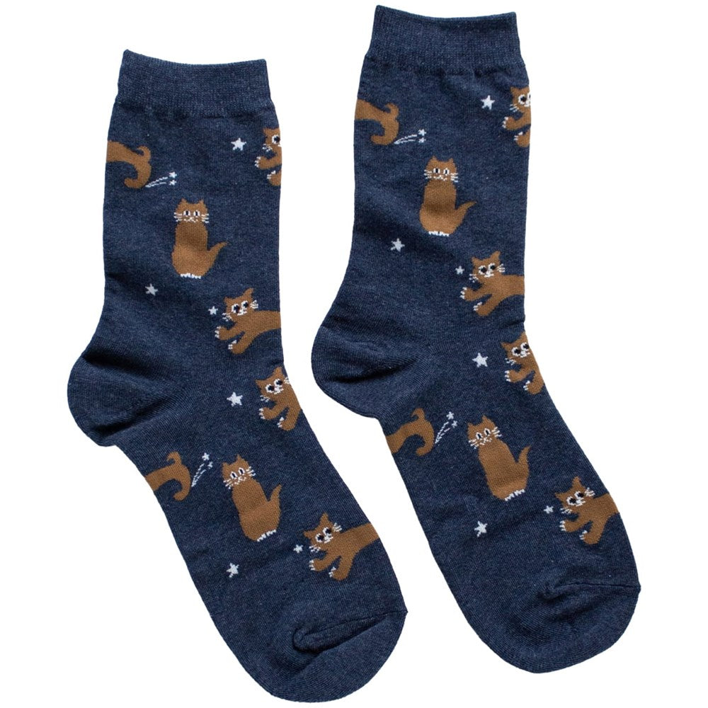Tiepology Cat Meow Casual Socks - Denim (1 pair) dark blue with brown cats