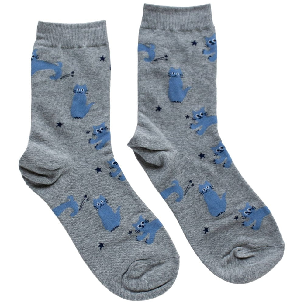 Tiepology Cat Meow Casual Socks - Grey (1 pair) grey socks with blue cats