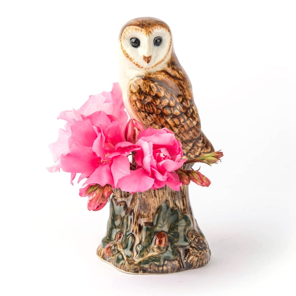 Quail Ceramics Barn Owl Bud Vase (1 pc) shown side view with pink flowers