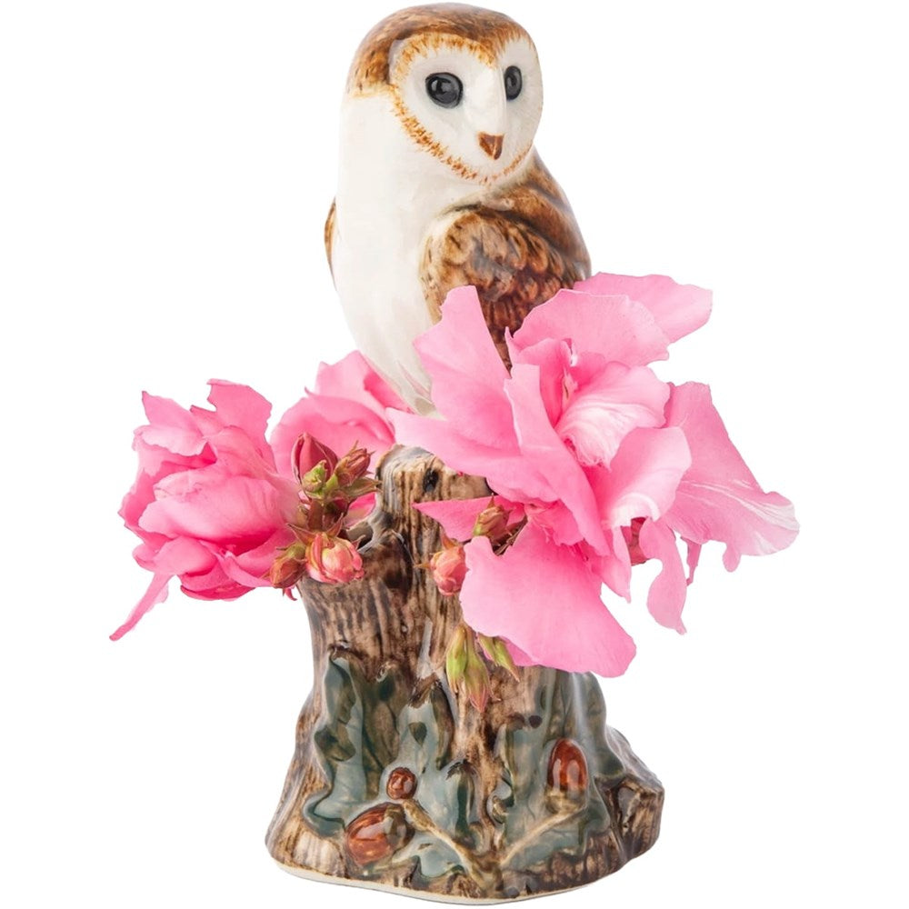 Quail Ceramics Barn Owl Bud Vase (1 pc) shown with pink flowers in vase