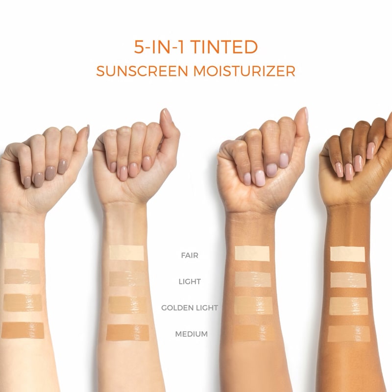 Suntegrity 5-In-1-Tinted Sunscreen Moisturizer Swatches shown on forearms of various skin tones