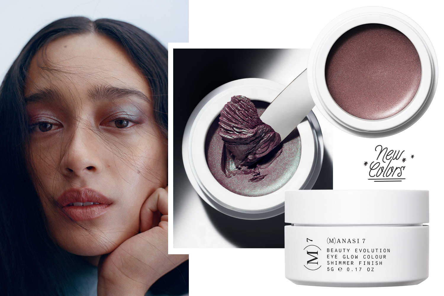 MANASI 7 products shown on white background with model on left side of photo.
