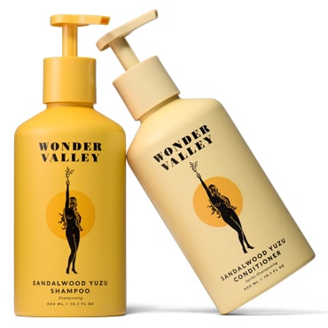 Wonder Valley Sandalwood Yuzu Shampoo & Conditioner hydrates, boosts volume, repairs & detangles for lustrous hair.
