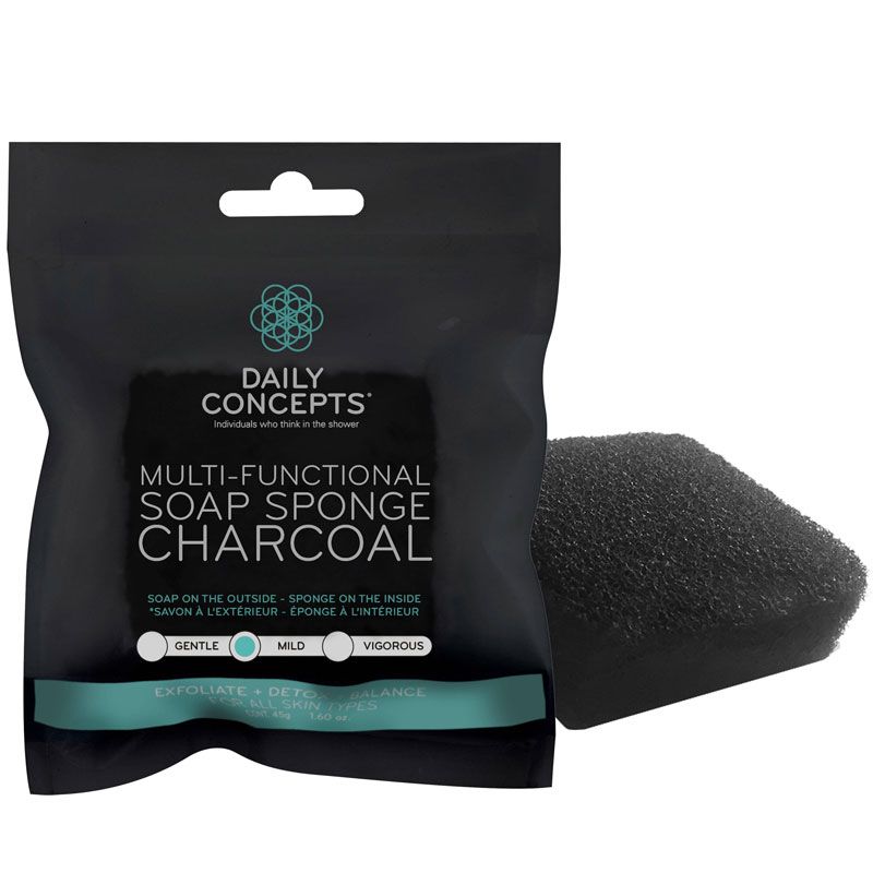 Daily Concepts Multi-Functional Soap Sponge - Charcoal showing soap and packaging