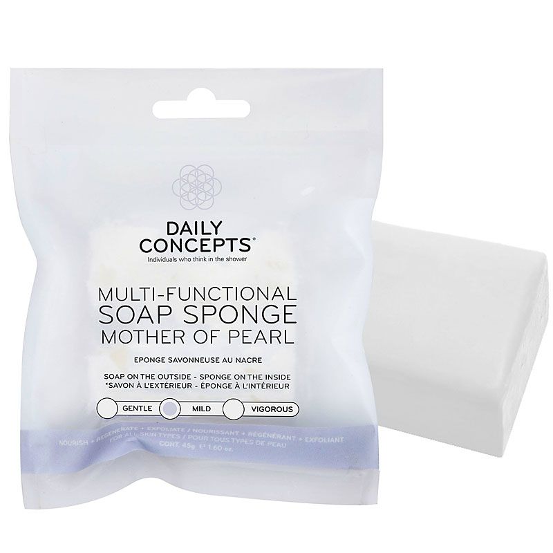 Daily Concepts Multi-Functional Soap Sponge - Mother of Pearl bar shown with packaging