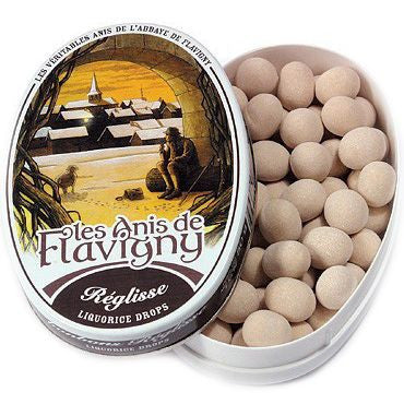 Les Anis de Flavigny Liquorice Flavored Hard Candy (1.75 oz) Lid off at Angle