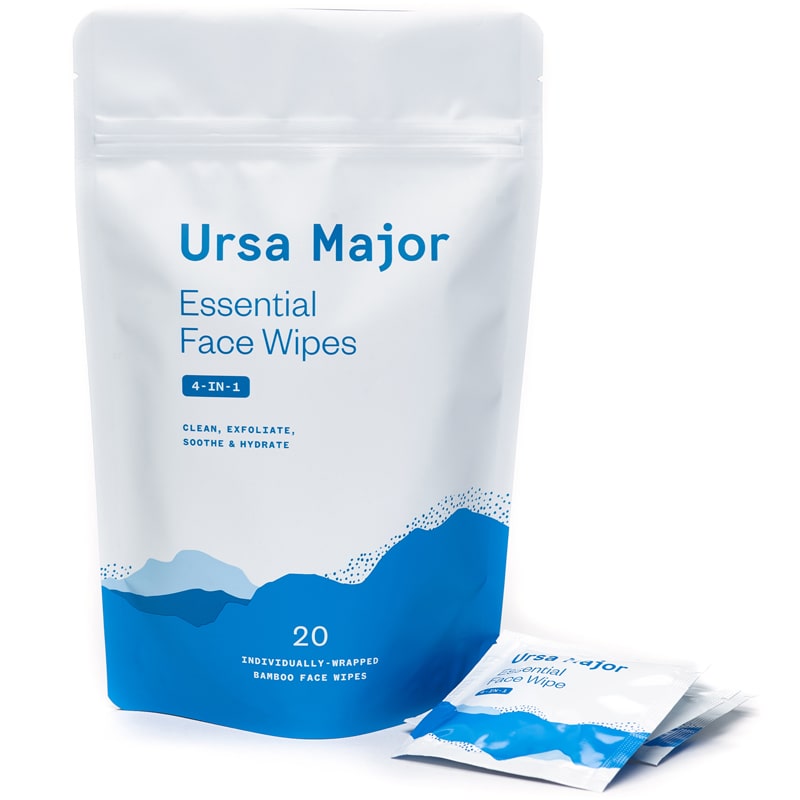 Ursa Major Essential Face Wipes 20 pcs bag showing a few individually wrapped wipes outside of the bag