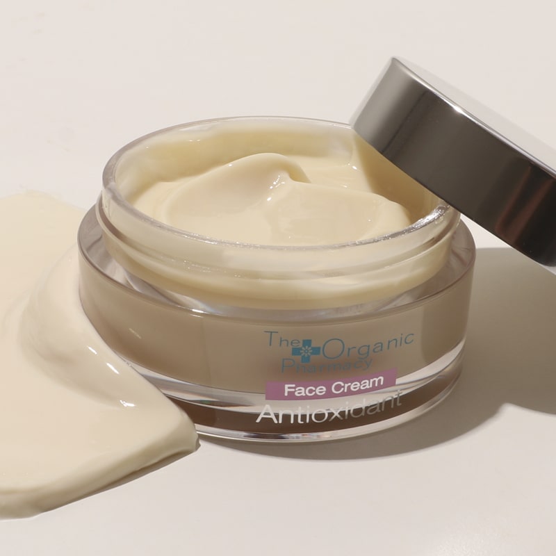 The Organic Pharmacy Antioxidant Face Cream (50 ml) beauty shot with lid off showing cream inside