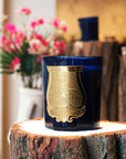 Cire Trudon Salta Candle lifestyle shot on tree stump with flowers in the background