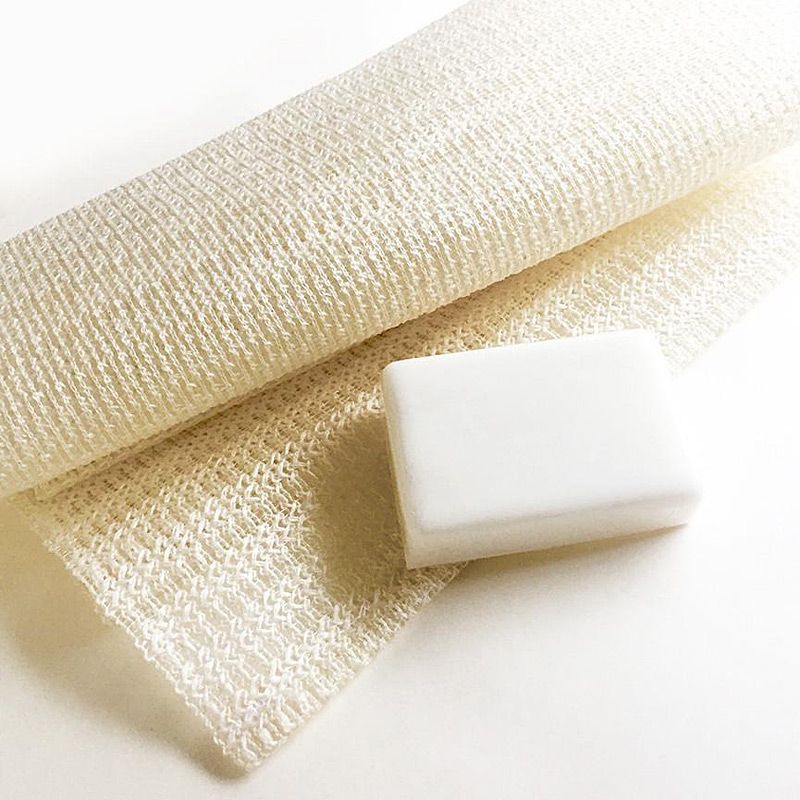 Chidoriya 100% Raw Silk Woven New Wash Cloth shown with soap