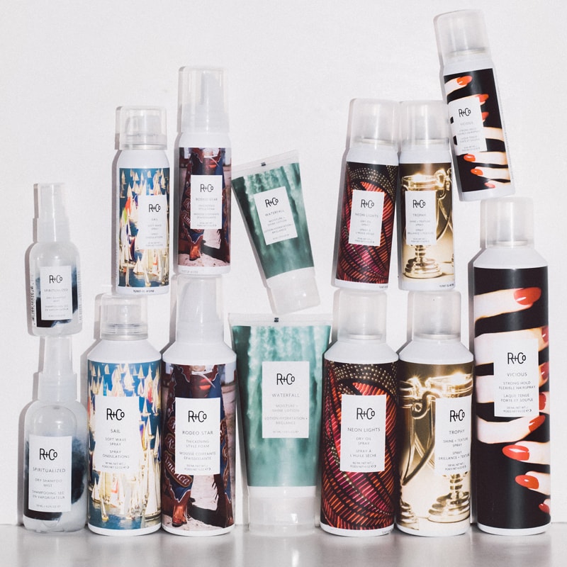 A selection of R+Co products including Waterfall Moisture + Shine Lotion