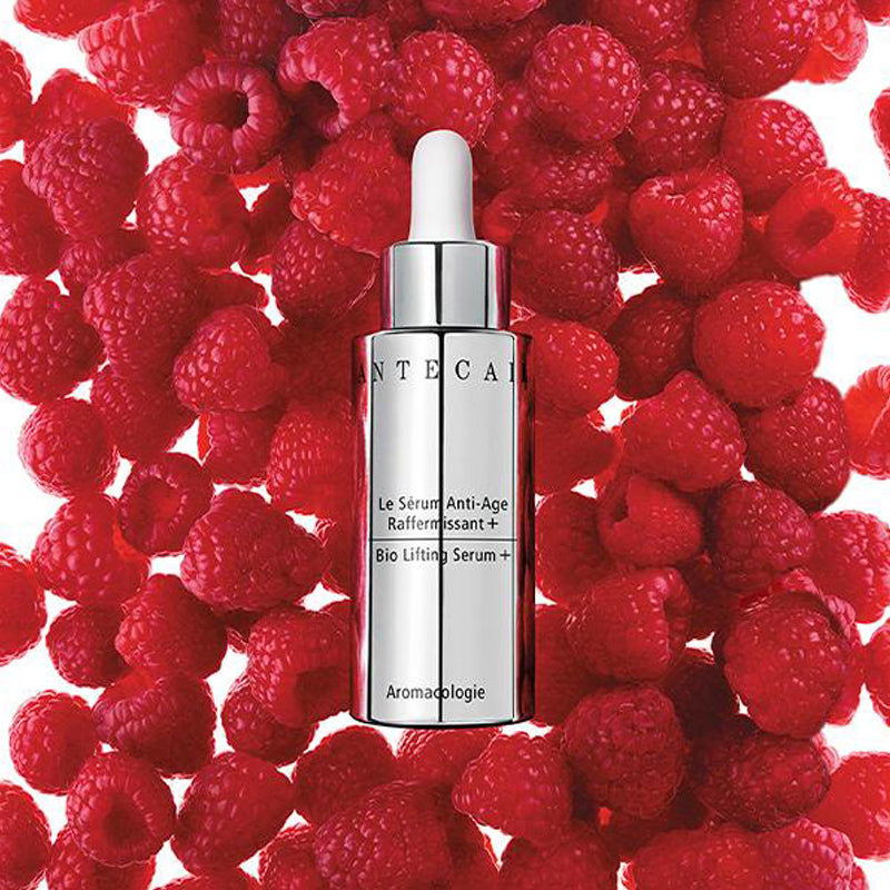 Beauty shot of Chantecaille Bio Lifting Serum Plus with raspberries in the background