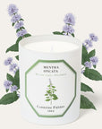 Carriere Freres Spearmint Candle (185 g) with spearmint illustration behind candle