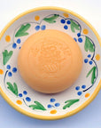 La Lavande Handmade and Handpainted French Round Soap Dish (Yellow Flower, 1 pc) With Soap on Dish