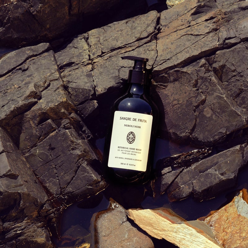 Lifestyle shot of Sangre de Fruta Botanical Hand Wash Neroli Noir (500 ml) top view with rocks and water in the background