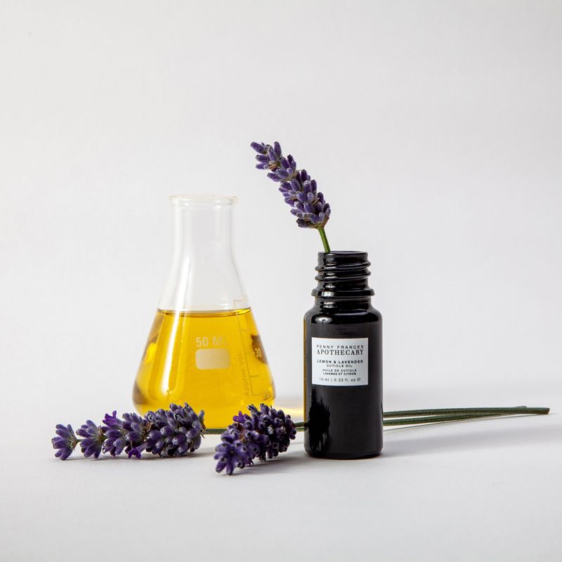 Penny Frances Apothecary Lemon & Lavender Cuticle Oil Beauty shot with ingredients