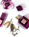Isabey Paris Tendre Nuit Eau de Parfum beauty shot of 50 ml and 10 ml bottles together and purple rose in the background