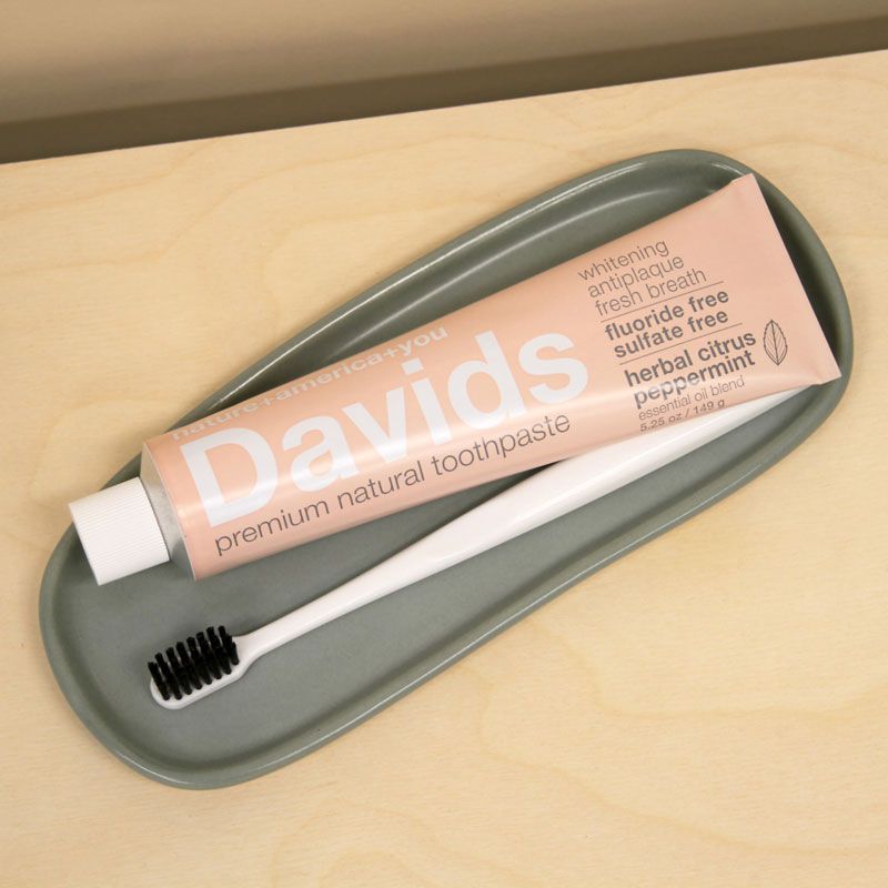 Davids Premium Natural Toothpaste - Herbal Citrus Peppermint (5.25 oz) on tray with toothbrush