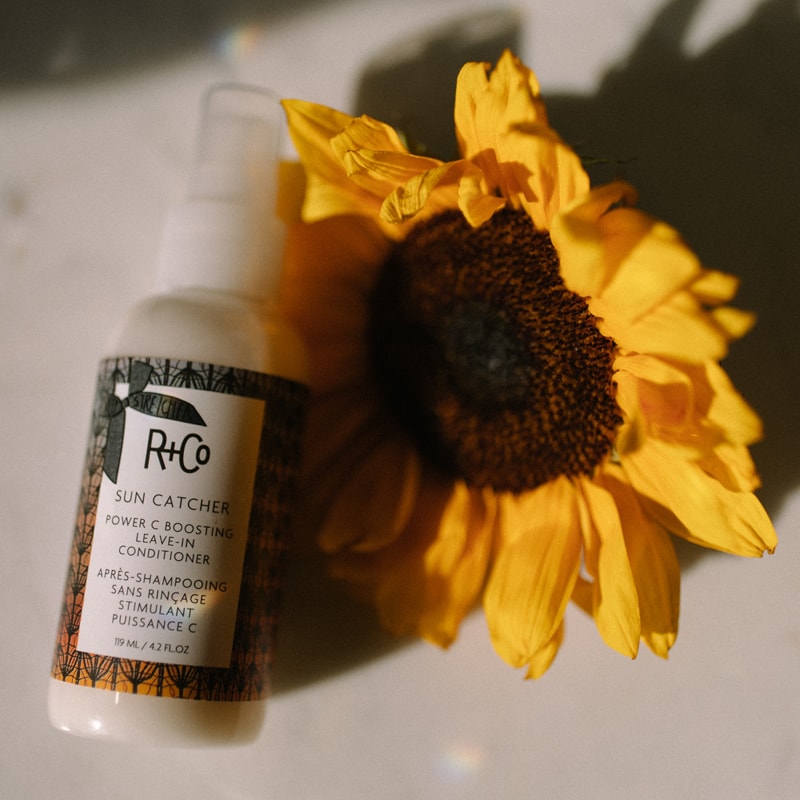 R+Co Sun Catcher Power C Boosting Leave In Conditioner (4.2 oz) shown with sunflower