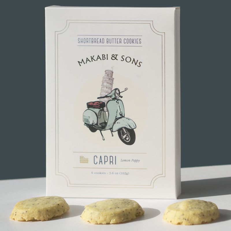 Makabi &amp; Sons Lemon Poppy Cookies - Capri - showing 3 cookies with box