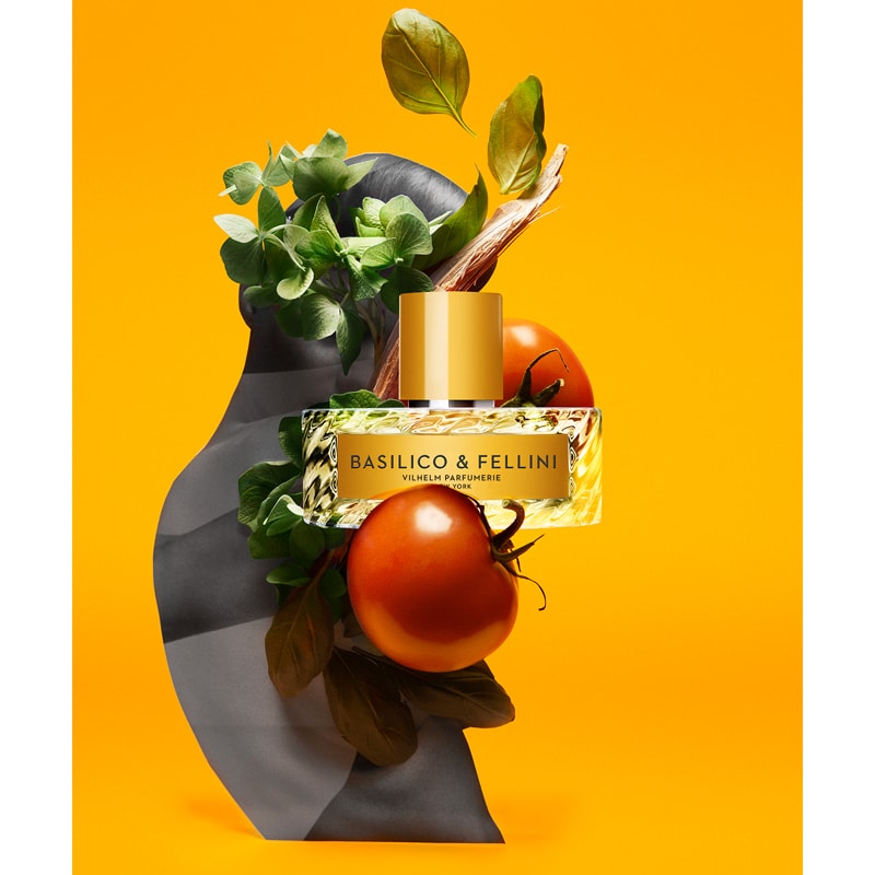 Vilhelm Parfumerie Basilico &amp; Fellini Eau de Parfum Mood Shot with tomatoes and greenery