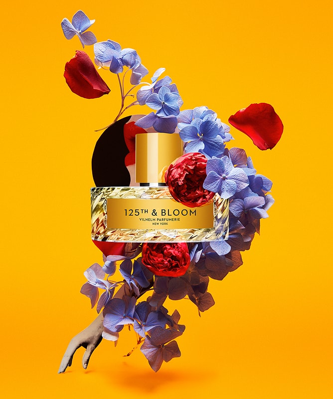 Vilhelm Parfumerie 125th &amp; Bloom Eau de Parfum Mood shot with floral elements