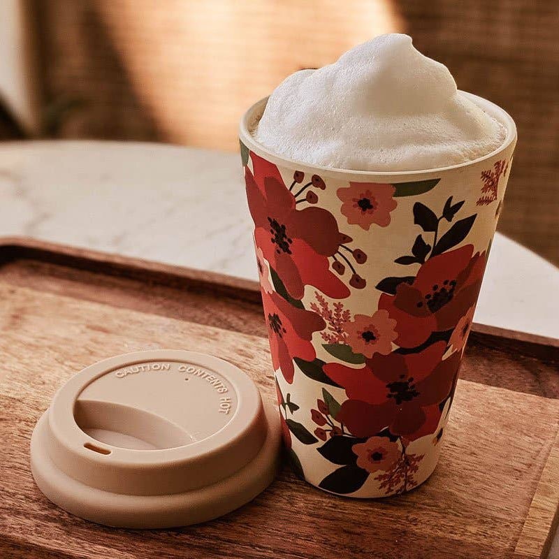Mimi &amp; August Hello Floral Cafe Yo - Bamboo Reusable Cup beauty shot with lid off and Whipped foam drink