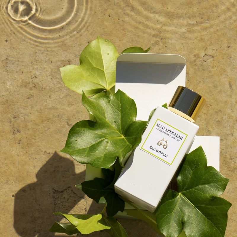 Lifestyle shot top view of Eau d'Italie Eau de Parfum Spray (100 ml) with water and ivy leaves in the background