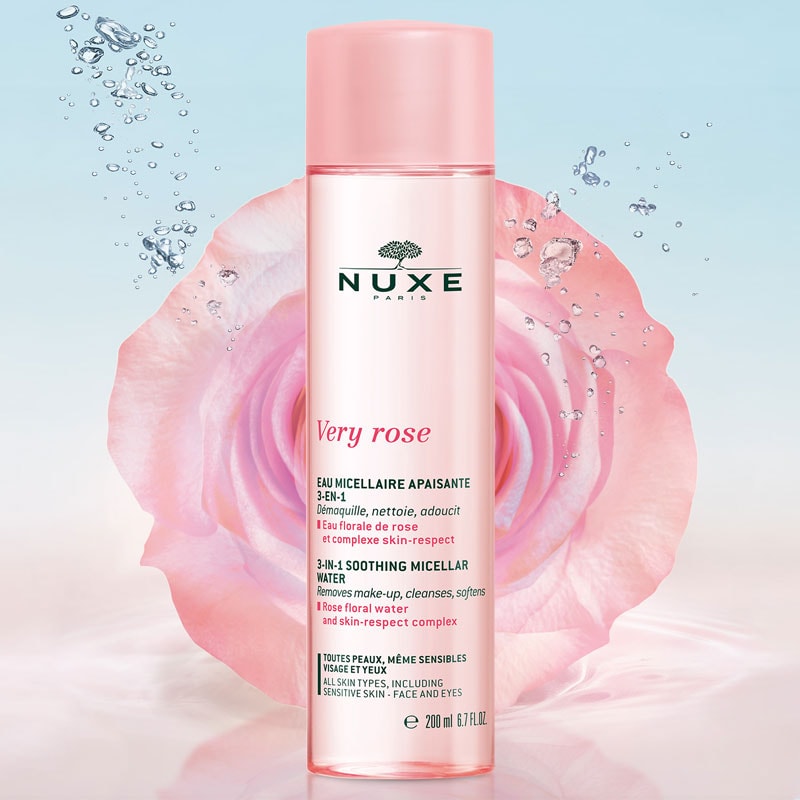 Nuxe Very Rose 3-in-1 Soothing Micellar Water with rose in background