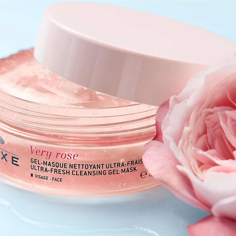 Nuxe Very Rose Ultra-Fresh Cleansing Gel Mask jar close-up with rose