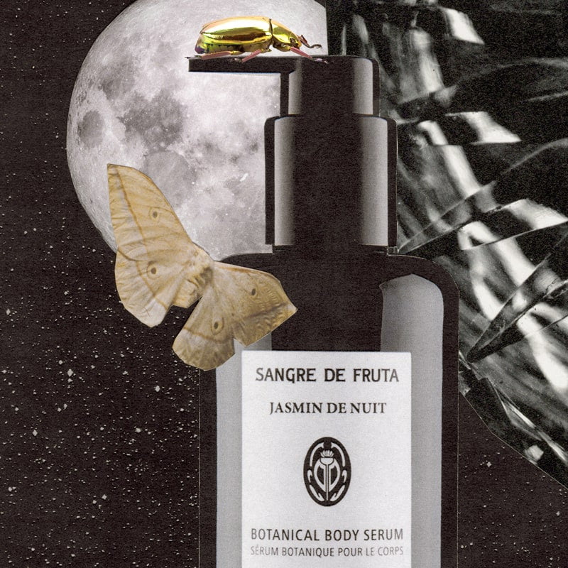 Lifestyle shot of Upclose shot of Sangre de Fruta Botanical Body Serum Jasmin de Nuit (200 ml) with moth and beetle on bottle and full moon with stars in the background