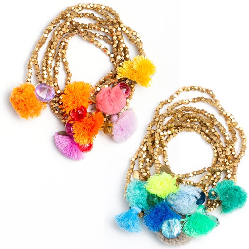 Matta Bapana Tassel Bracelet Gold showing groups of bracelets with different color tassels and candy gems to show variety - each sold separately