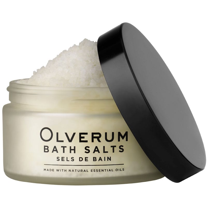 Olverum Bath Salts - jar open showing a mound of bath salts