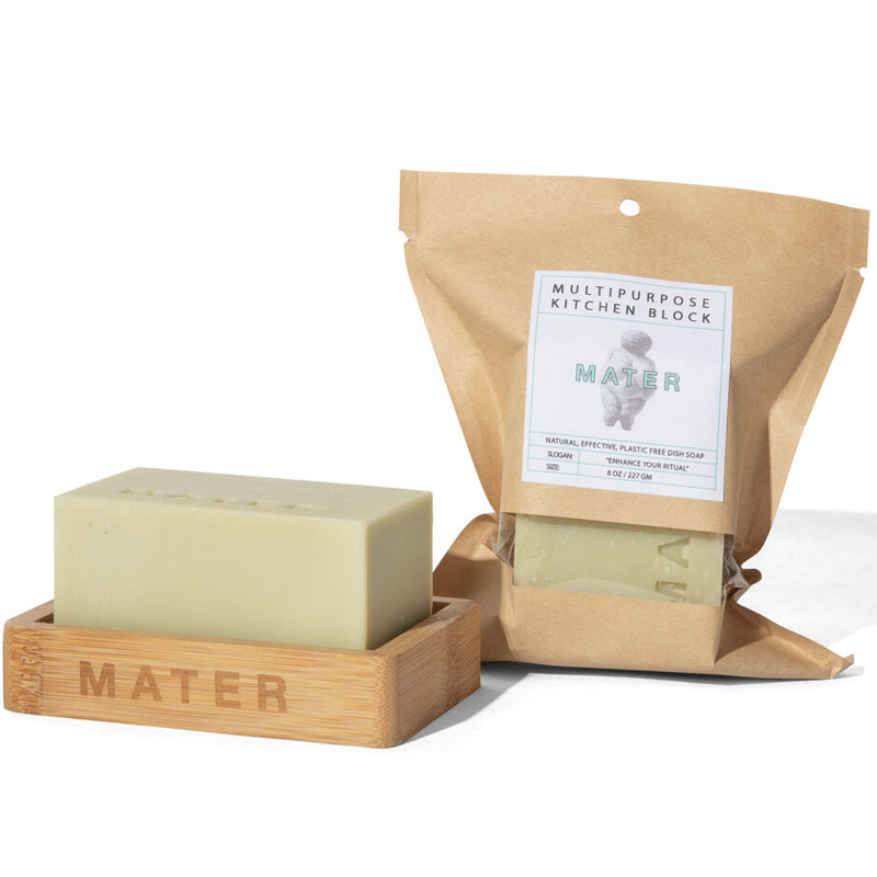 Mater Soap Mater Multipurpose Kitchen Block Soap (8 oz) showing soap in soap tray (sold separately) and also in package as received.