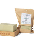 Mater Soap Mater Multipurpose Kitchen Block Soap (8 oz) showing soap in soap tray (sold separately) and also in package as received.