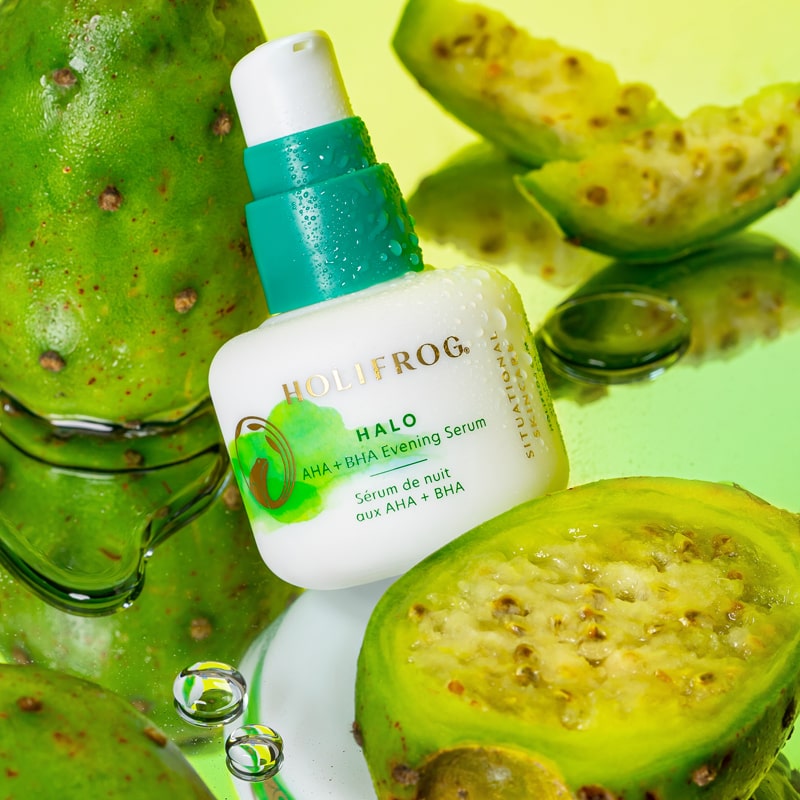HoliFrog Halo AHA + BHA Evening Serum (1 oz) pictured with ingredients / prickly pear