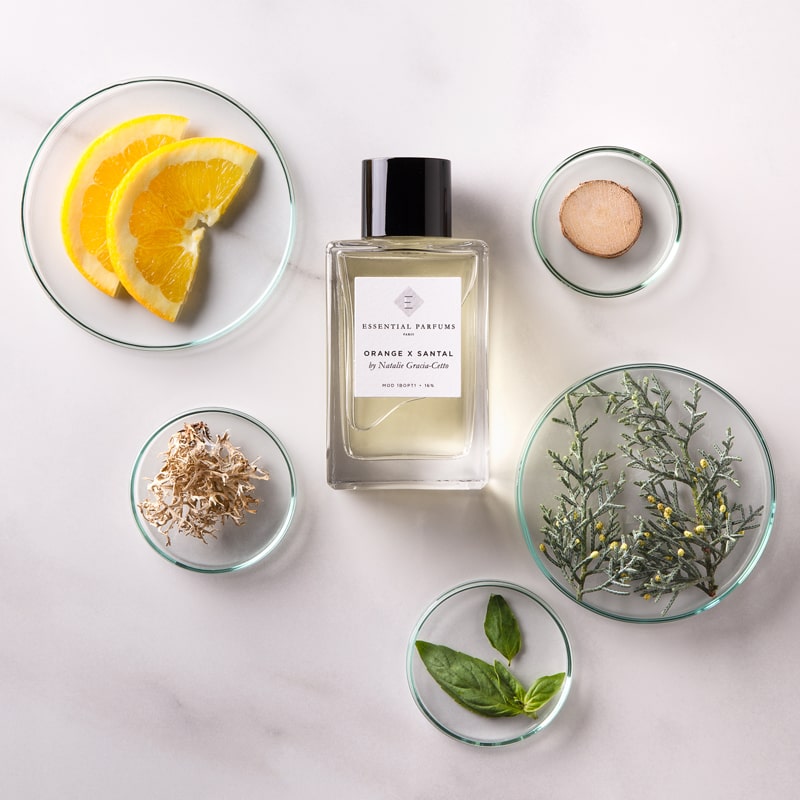 Essential Parfums Orange X Santal Perfume by Natalie Gracia Cetto with note ingredients in circles