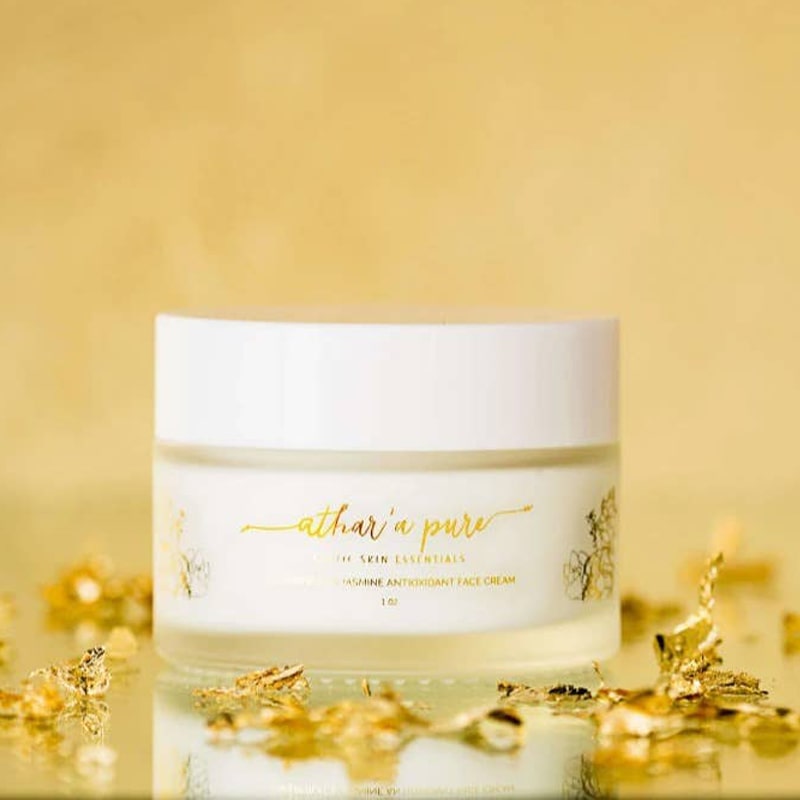 Athar’a Pure Superfruit & Jasmine Antioxidant Face Cream closed jar with gold shavings (not included)